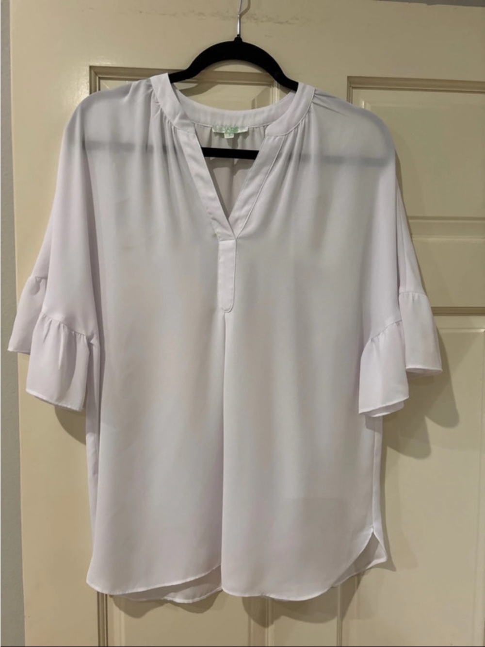Jade White Split V-Neck Ruffle Sleeve Blouse